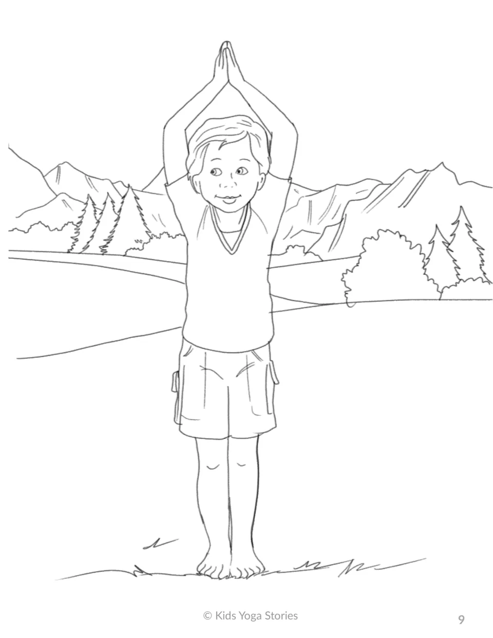 Extended Mountain Pose coloring page: a boy stands tall with arms raised and palms joined overhead before mountains