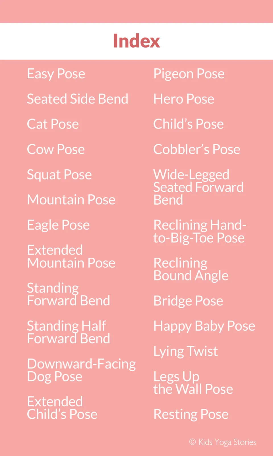 Index of 24 calming yoga poses in sequence, from Easy Pose and Seated Side Bend through Happy Baby to Resting Pose