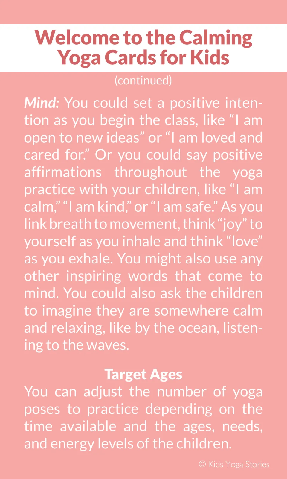 Mind guidance with affirmations such as 'I am calm' and 'I am safe', an ocean visualization, and notes on target ages