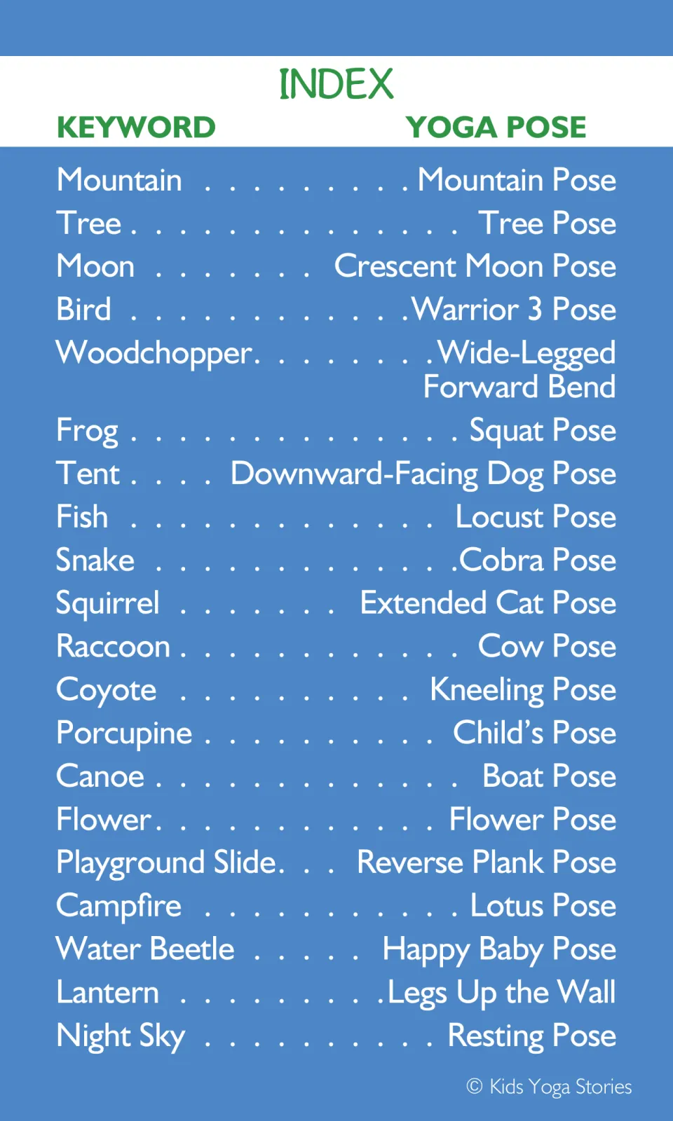 Index matching 20 camping keywords to yoga poses, like Tent to Downward-Facing Dog, Canoe to Boat, Night Sky to Resting