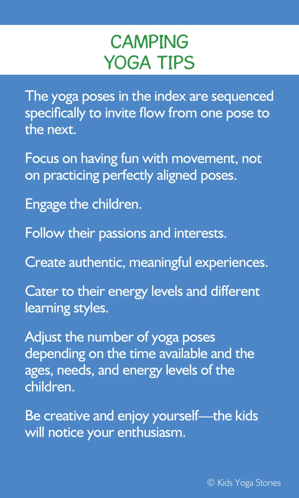 Camping yoga tips for leaders: poses flow in index order, focus on fun over alignment, adjust pose count to time and energy