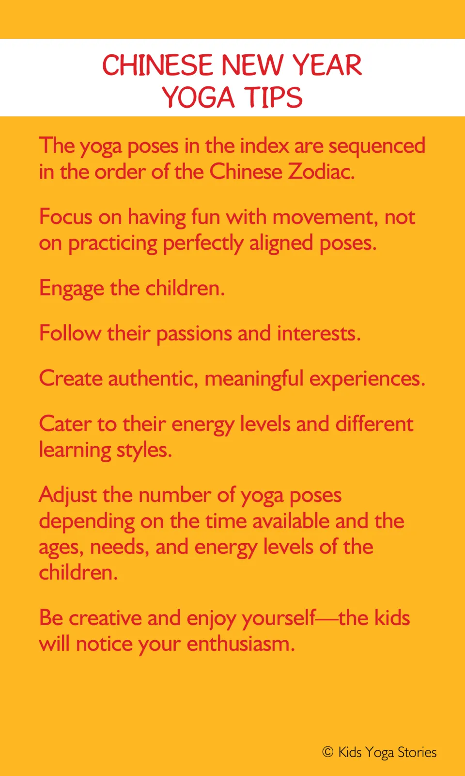 Chinese New Year yoga tips: poses follow the zodiac order; focus on fun, not alignment, and adjust to children's energy