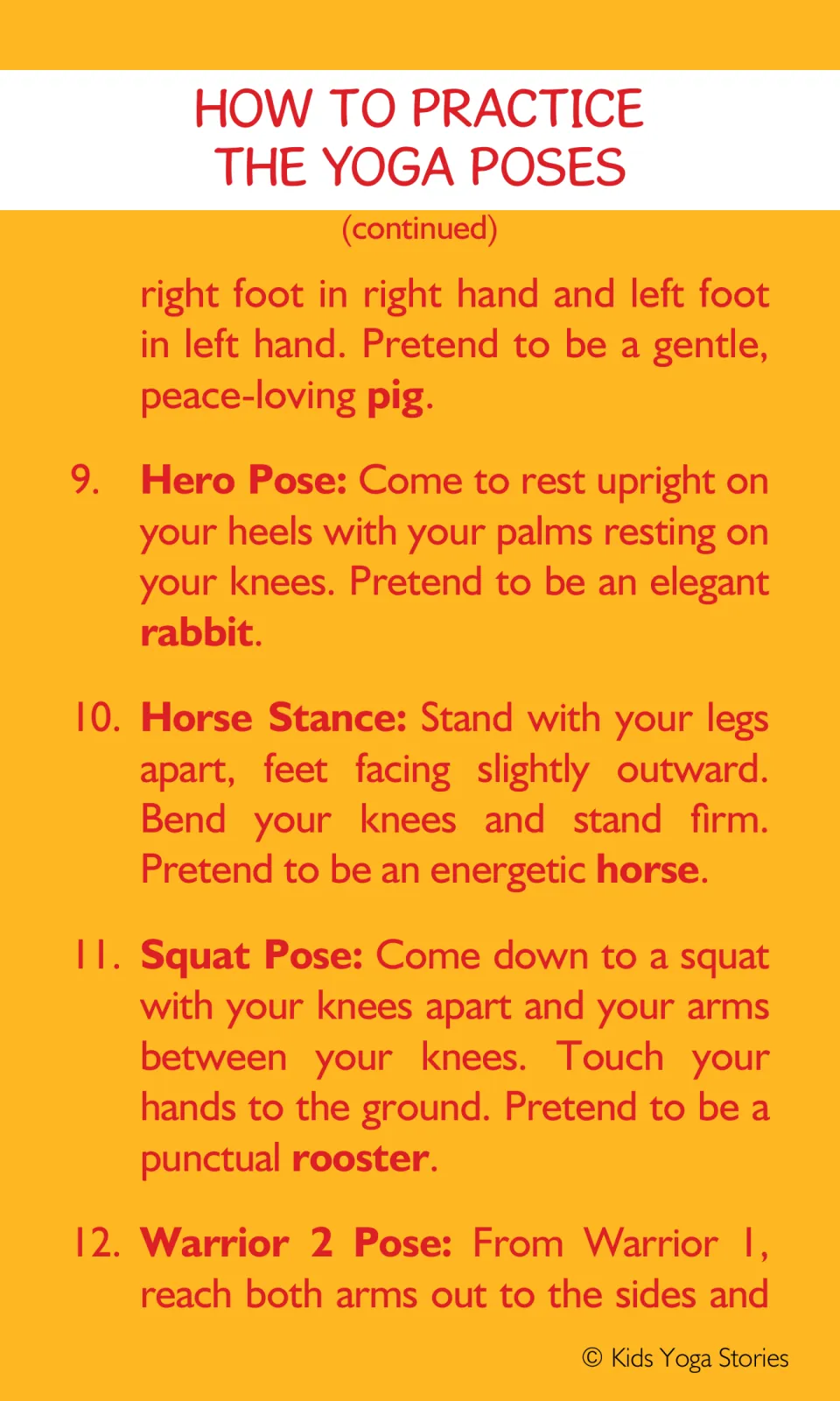 Pose steps 8 to 12: end of Happy Baby as a pig, Hero Pose as a rabbit, Horse Stance, Squat Pose as a rooster, Warrior 2