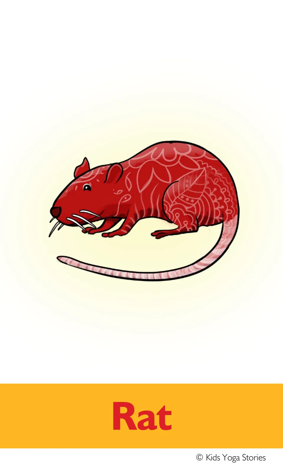 Rat zodiac animal card: a red rat decorated with swirling patterns, labeled Rat, the first animal in the yoga sequence