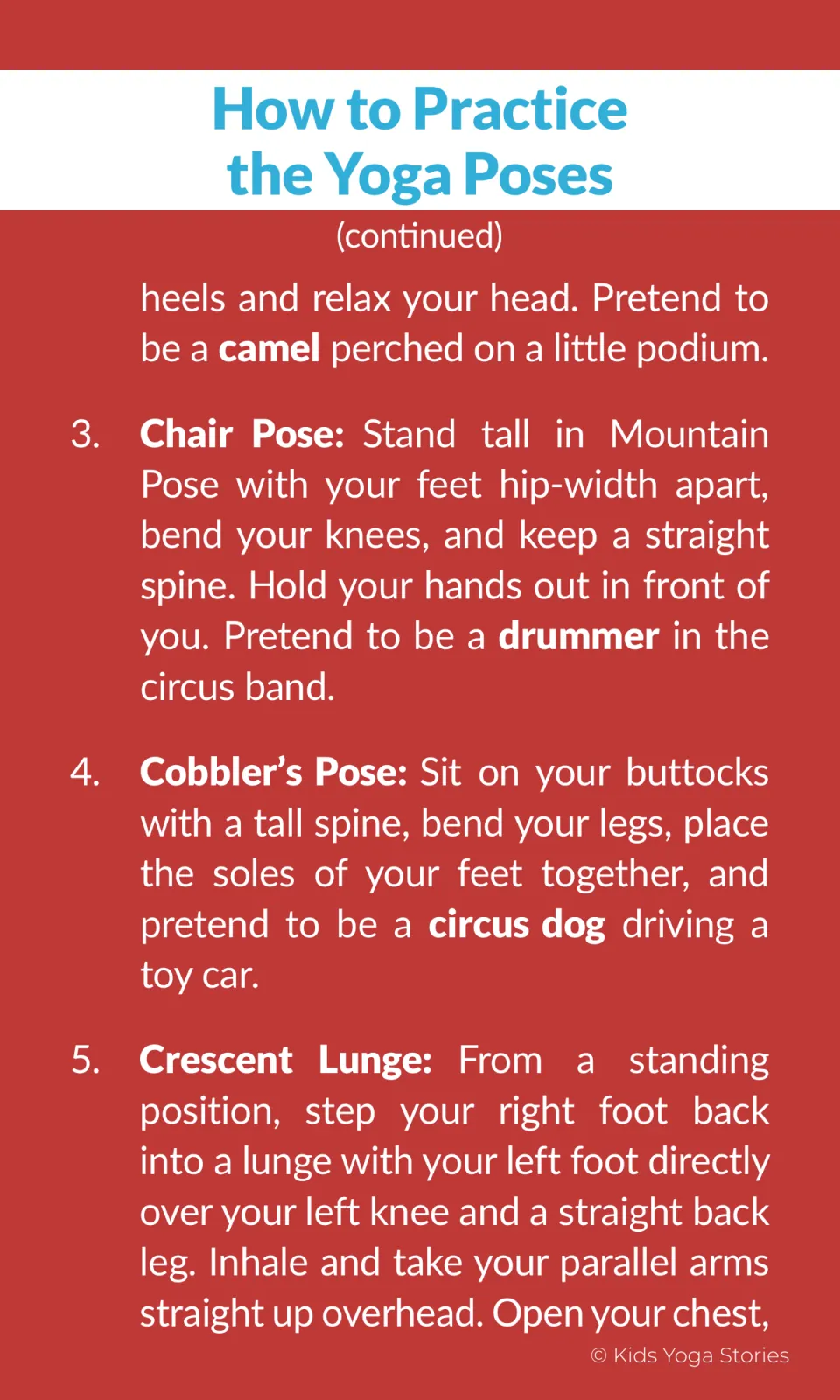 Pose steps continued: finish Camel Pose, then Chair Pose as a drummer, Cobbler's Pose as a circus dog and Crescent Lunge
