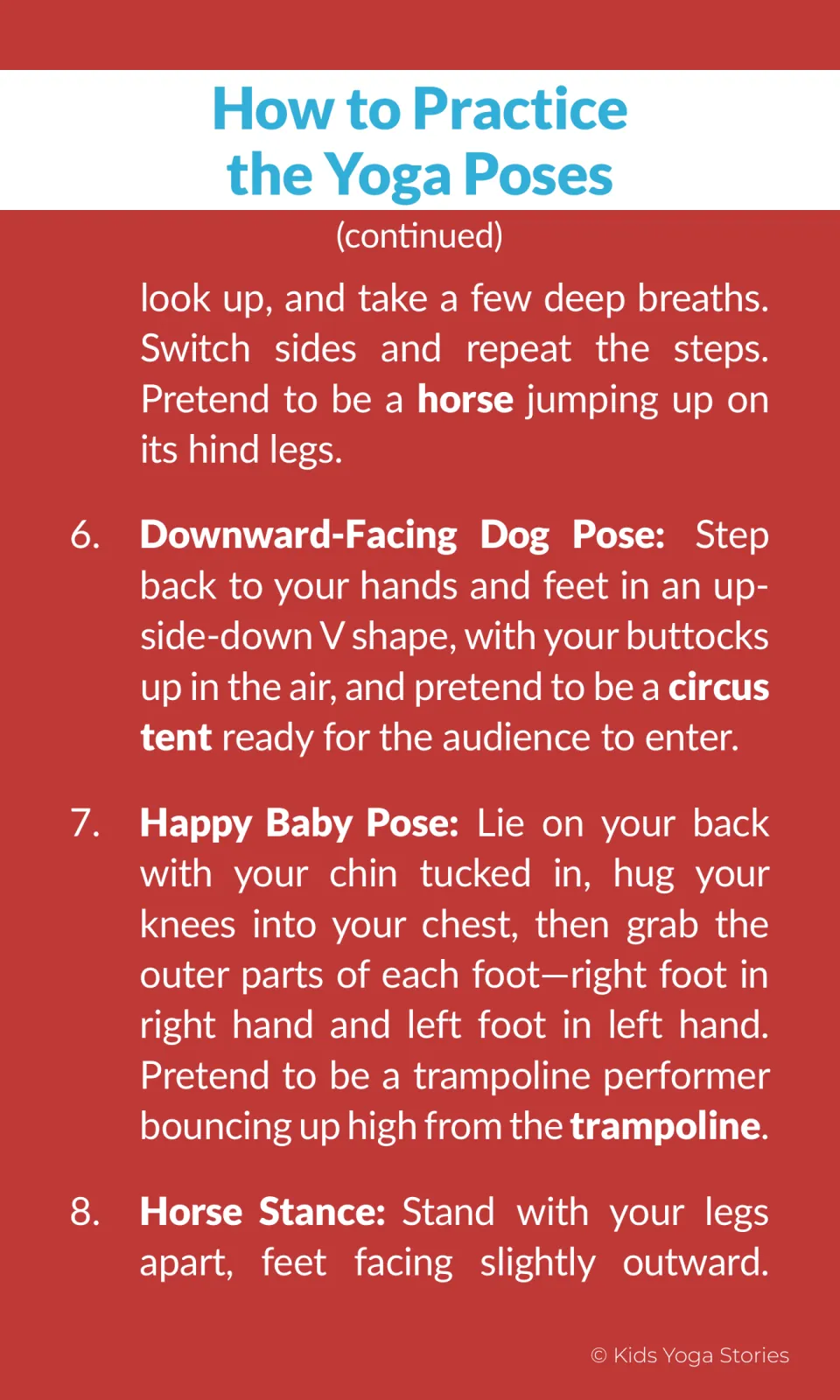 Pose steps: Crescent Lunge as a horse, Downward-Facing Dog as a circus tent, Happy Baby as a trampoline and Horse Stance