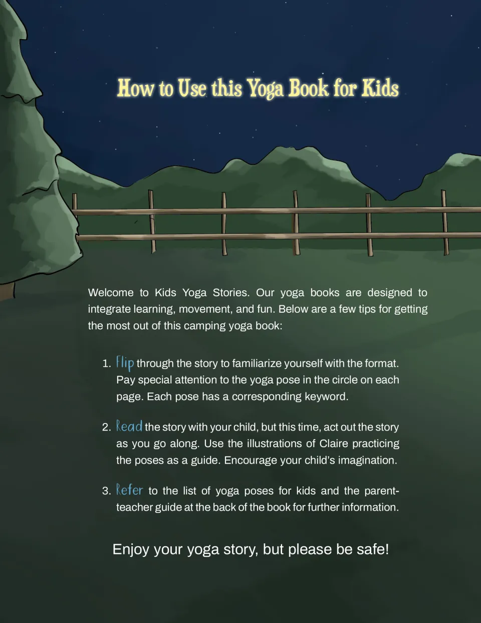 Camping yoga book directions explain how to preview poses, act out the story, and use the parent-teacher guide
