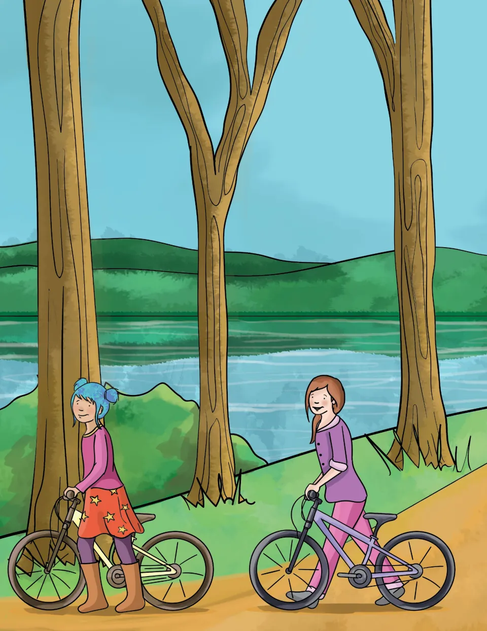 Camping yoga story illustration shows Claire and Emma walking their bicycles along a wooded lakeside path