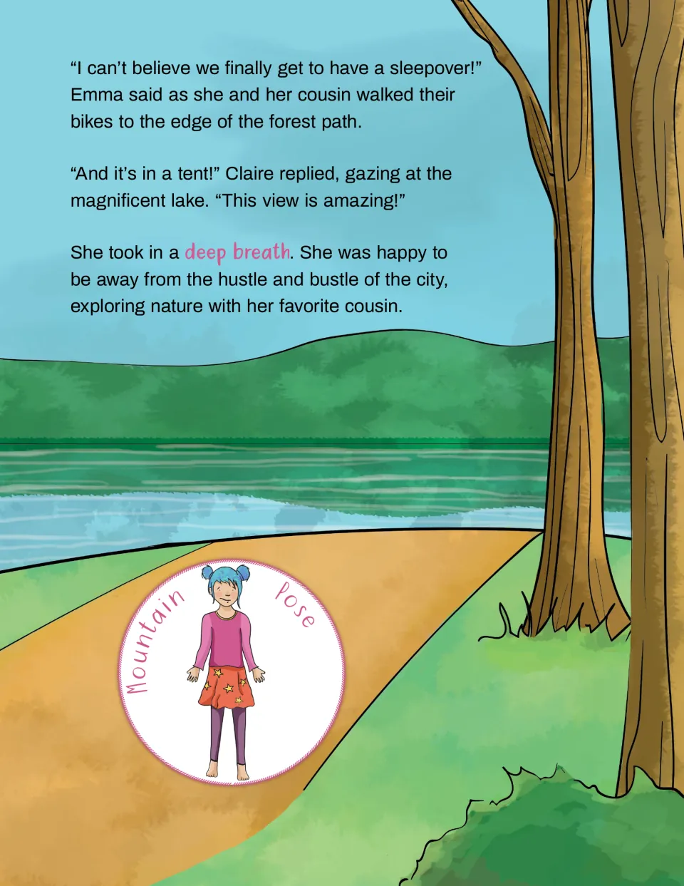 Camping yoga story introduces the cousins' tent sleepover and pairs Claire's deep breath with Mountain Pose