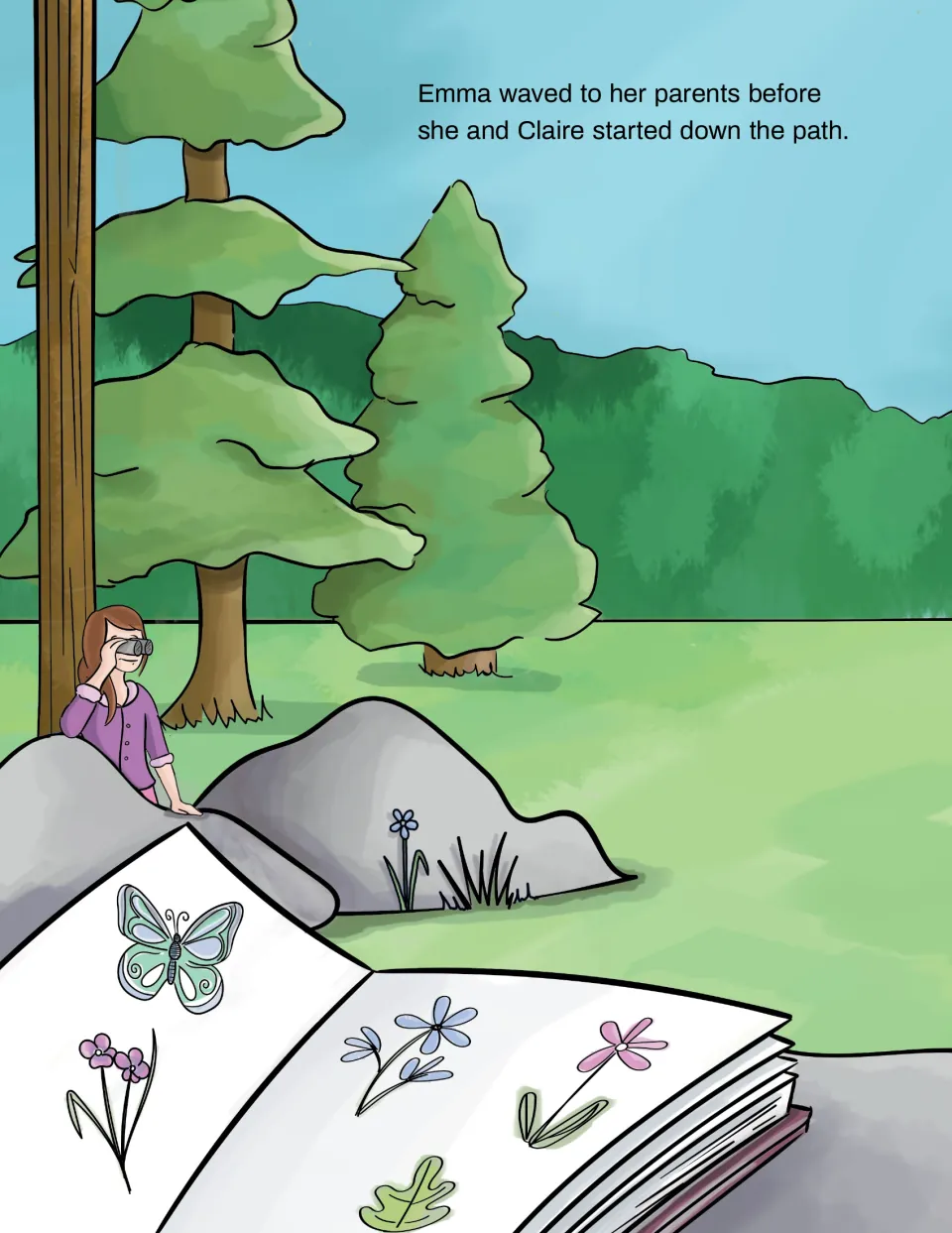 Camping yoga story shows Emma using binoculars and a nature journal as the cousins start down the path