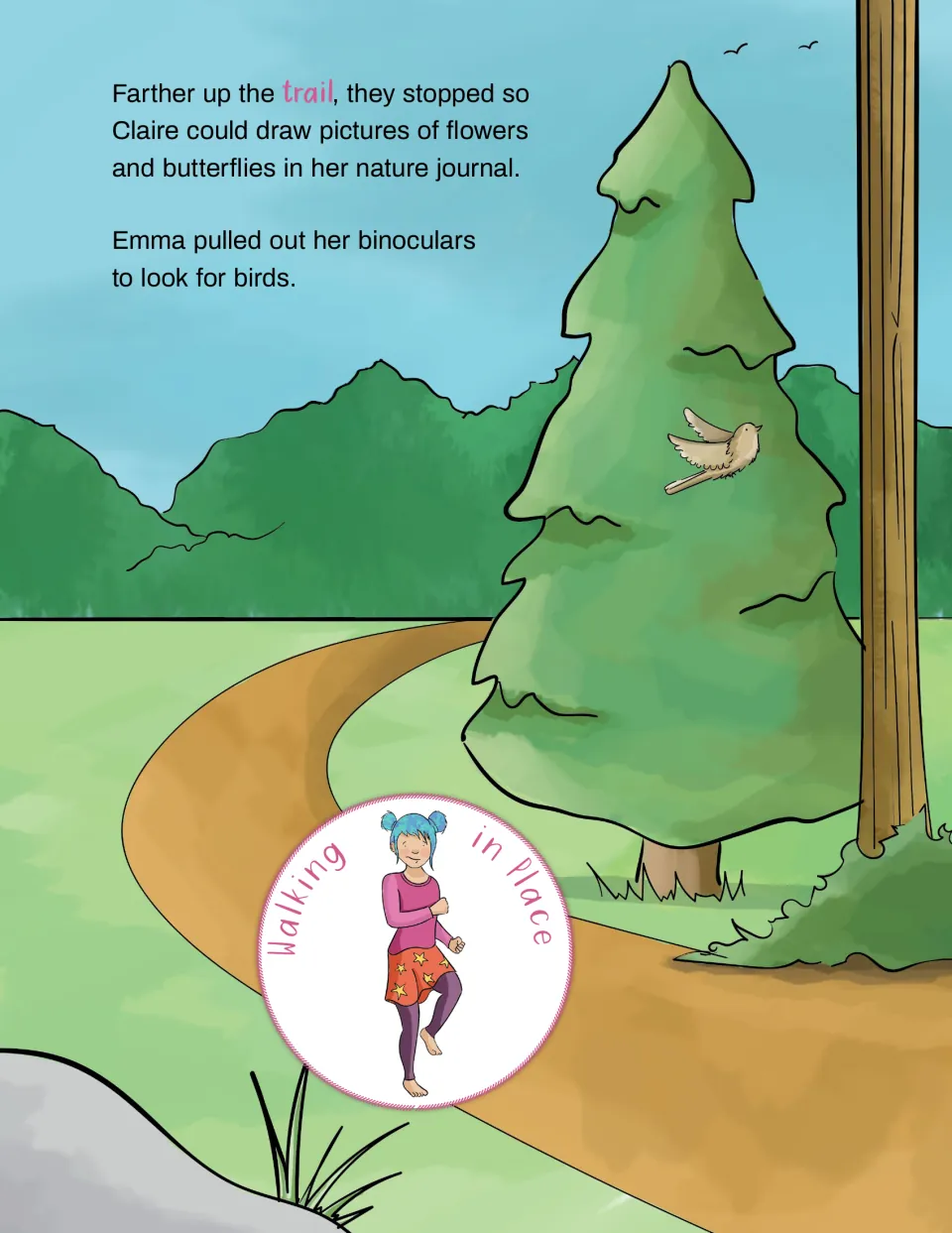 Camping yoga story pairs Walking in Place with Claire drawing flowers and butterflies and Emma birdwatching