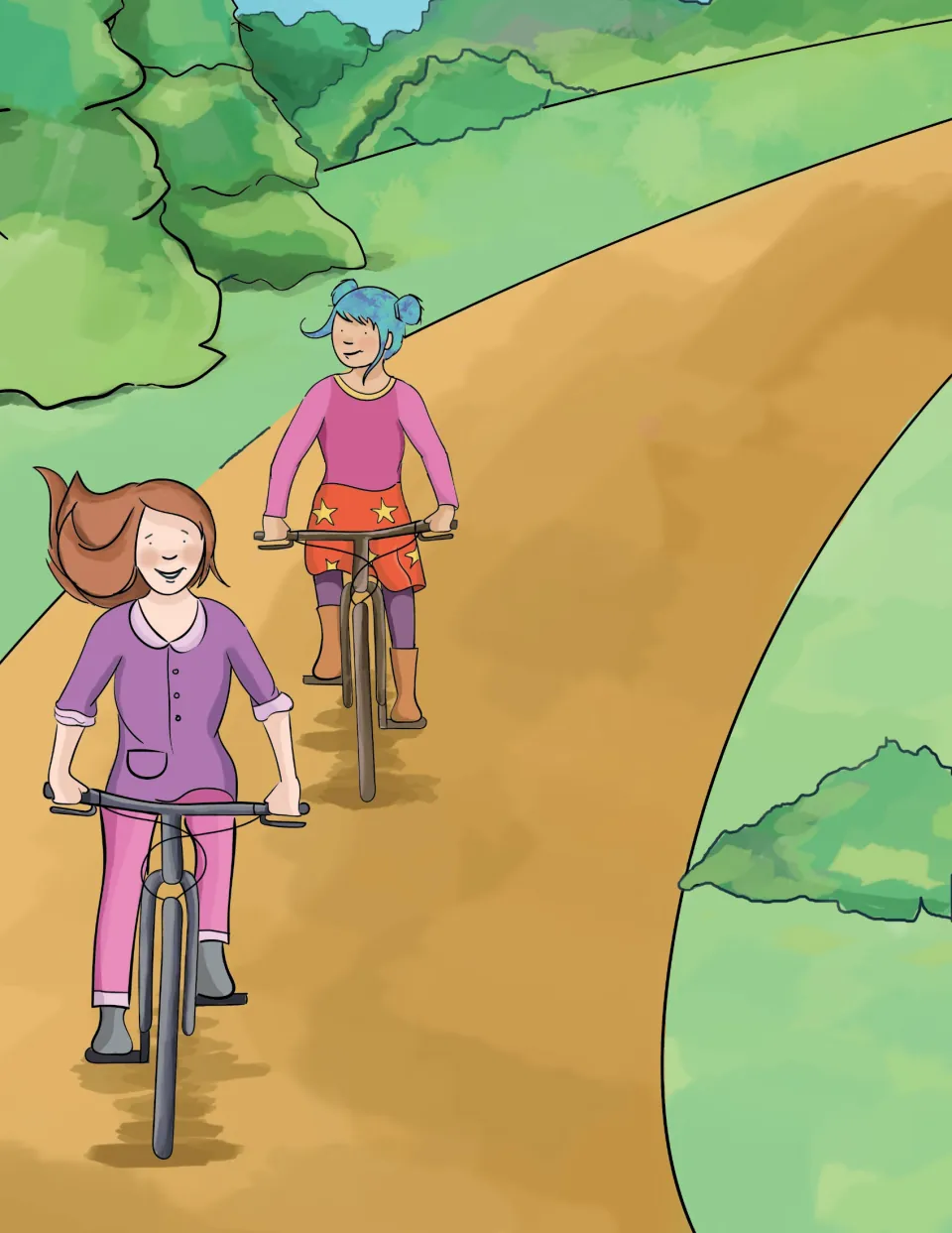 Camping yoga story illustration shows Emma riding ahead of Claire as both cousins bicycle along the trail