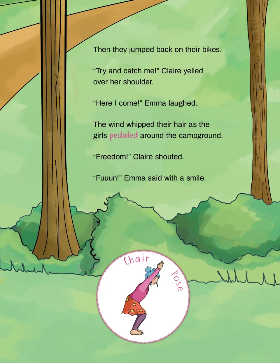 Camping yoga story pairs Chair Pose with Claire and Emma pedaling around the campground and calling out