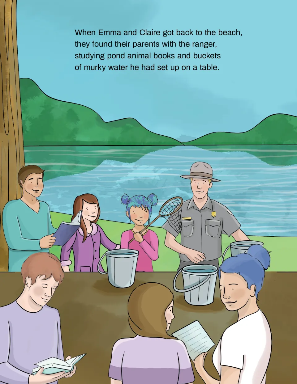 Camping yoga story brings the cousins back to the beach, where parents and a ranger study pond animal books