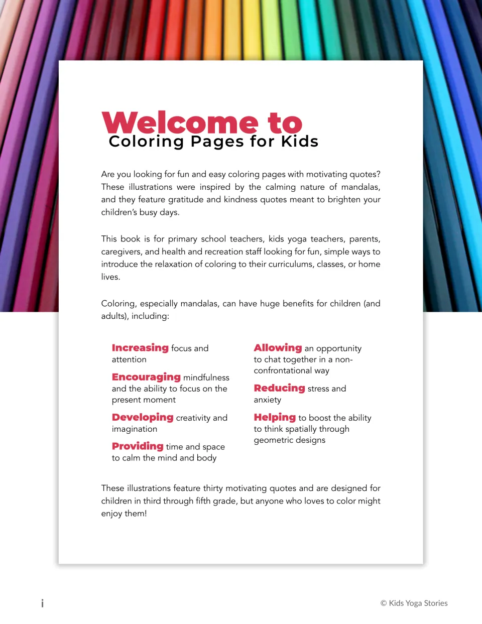 Welcome note: explains the mandala-inspired quote illustrations and who the book is for, from teachers to parents