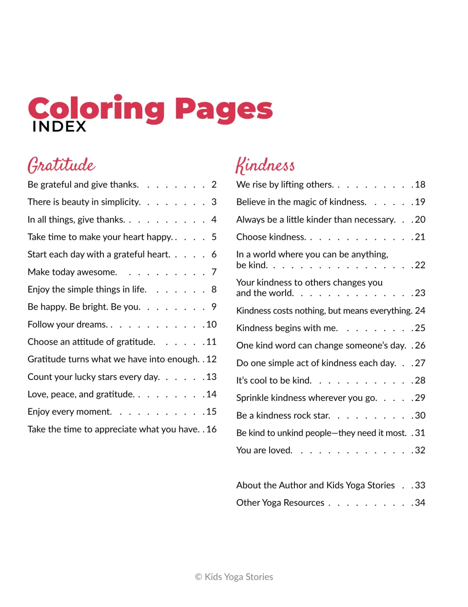 Coloring page index listing 15 gratitude quotes and 15 kindness quotes with page numbers, plus author and resources
