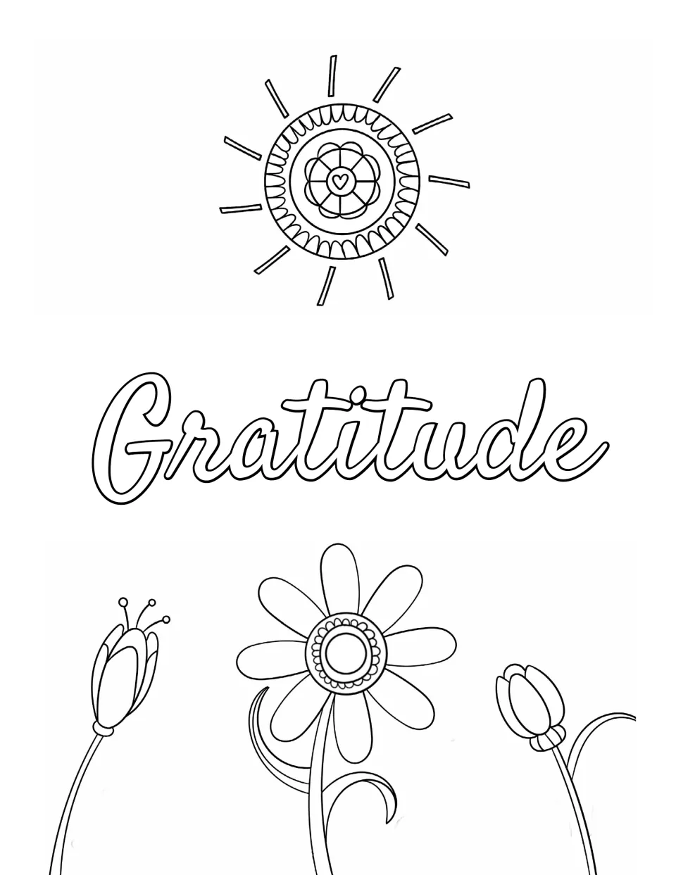 Gratitude section opener to color: the word Gratitude in outlined script with a mandala sun above and three flowers below