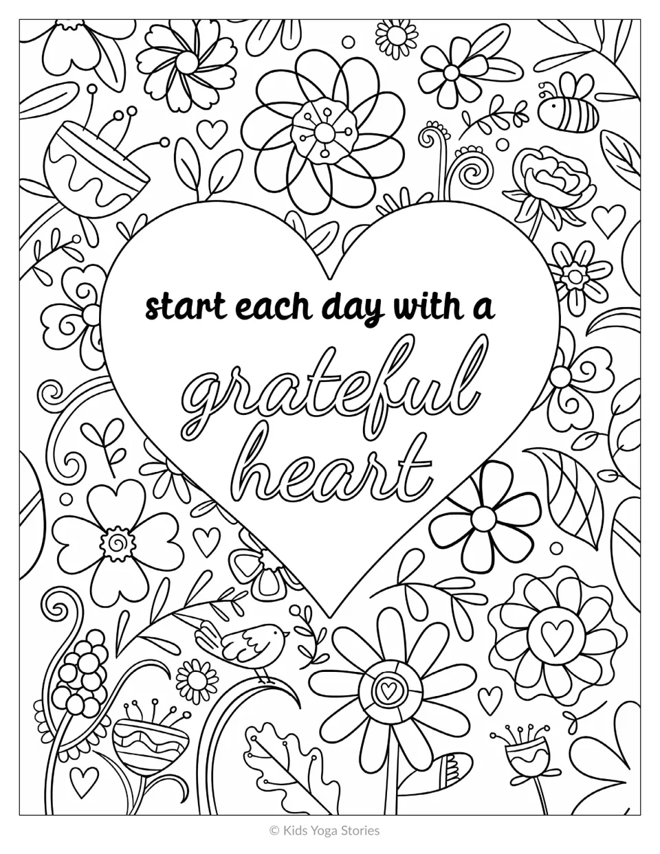 Quote to color, Start each day with a grateful heart, inside a large heart surrounded by flowers, a bee and a bird