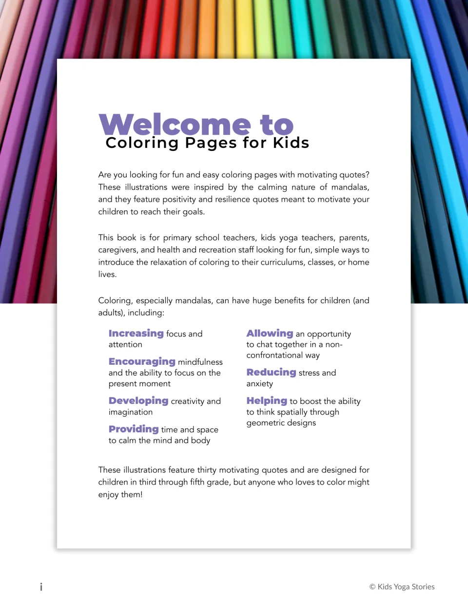 Welcome note: explains the mandala-inspired quote pages, who the book is for and listed reasons for coloring with children