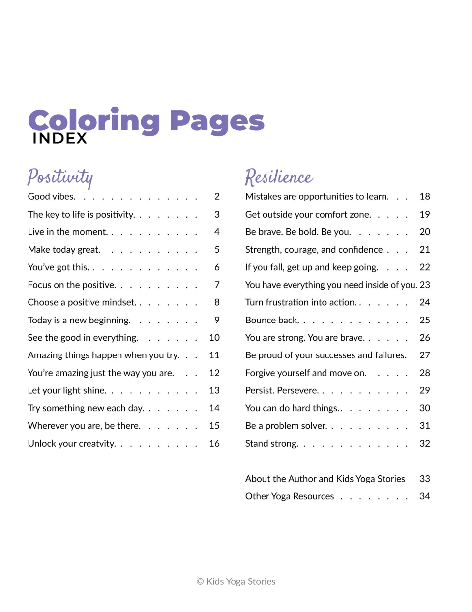 Index listing 15 positivity quotes and 15 resilience quotes, such as Good vibes and Bounce back, with their page numbers