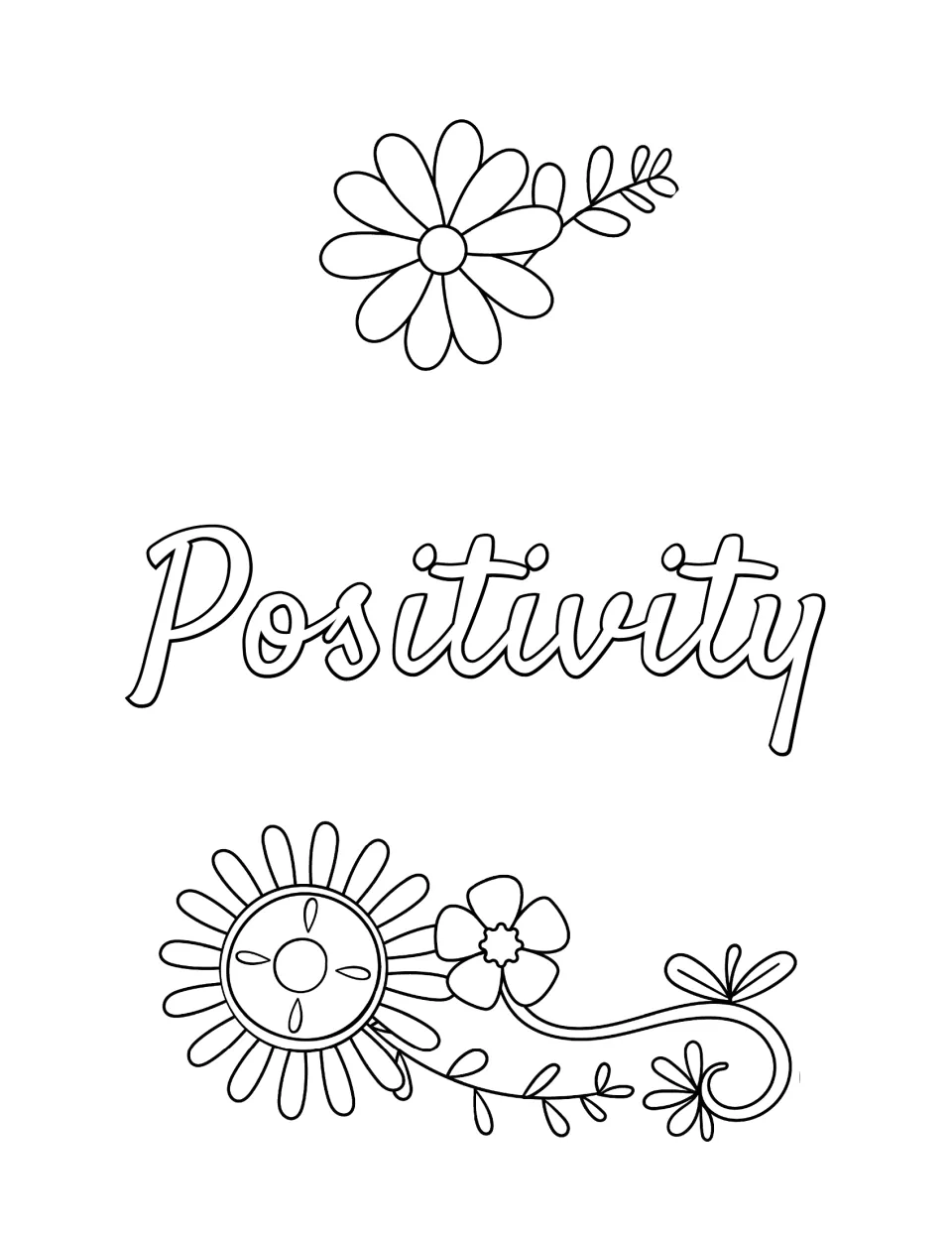Positivity section opener: the word Positivity in outlined script between two daisy and vine drawings to color