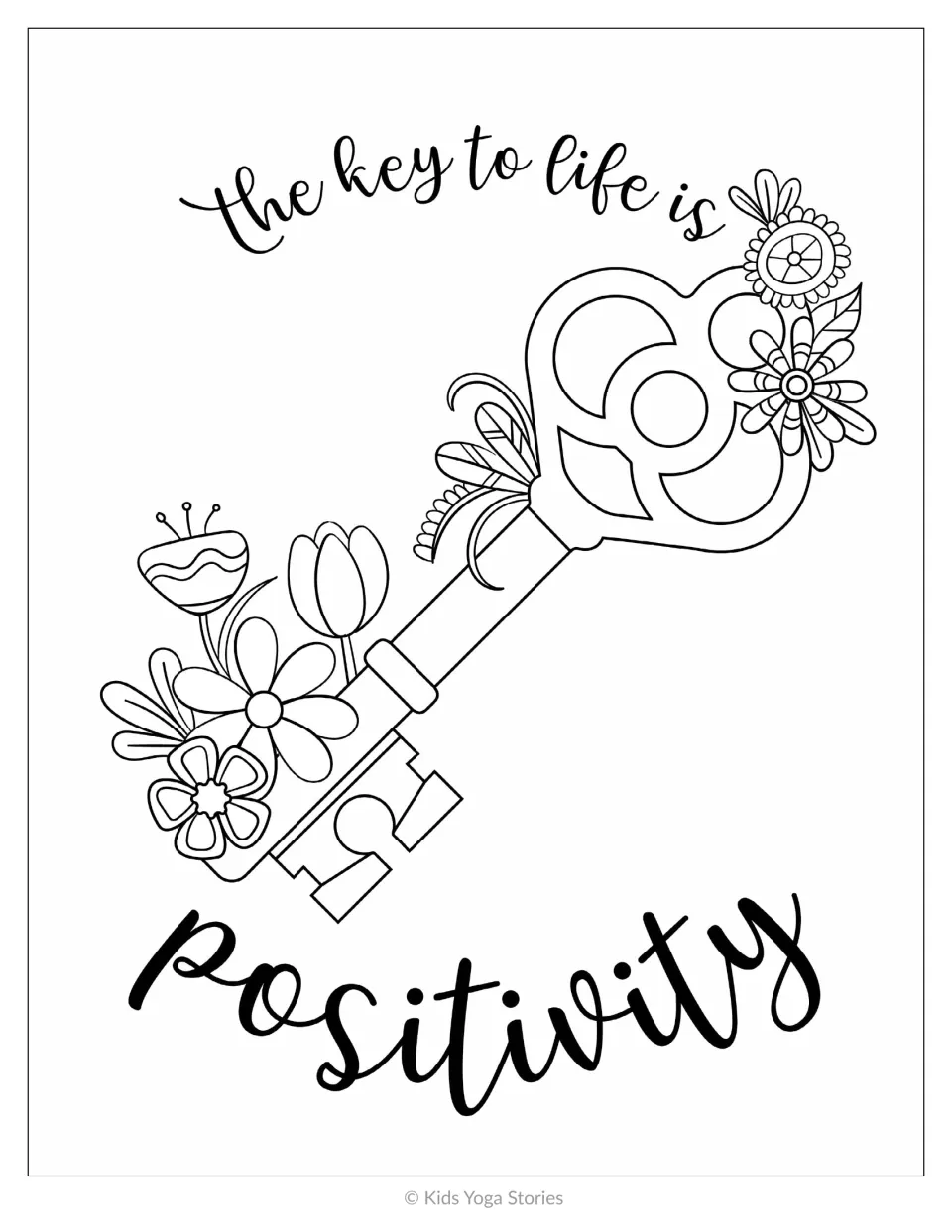 Quote coloring page 'the key to life is positivity': a large old-fashioned key wrapped in tulips and daisies to color
