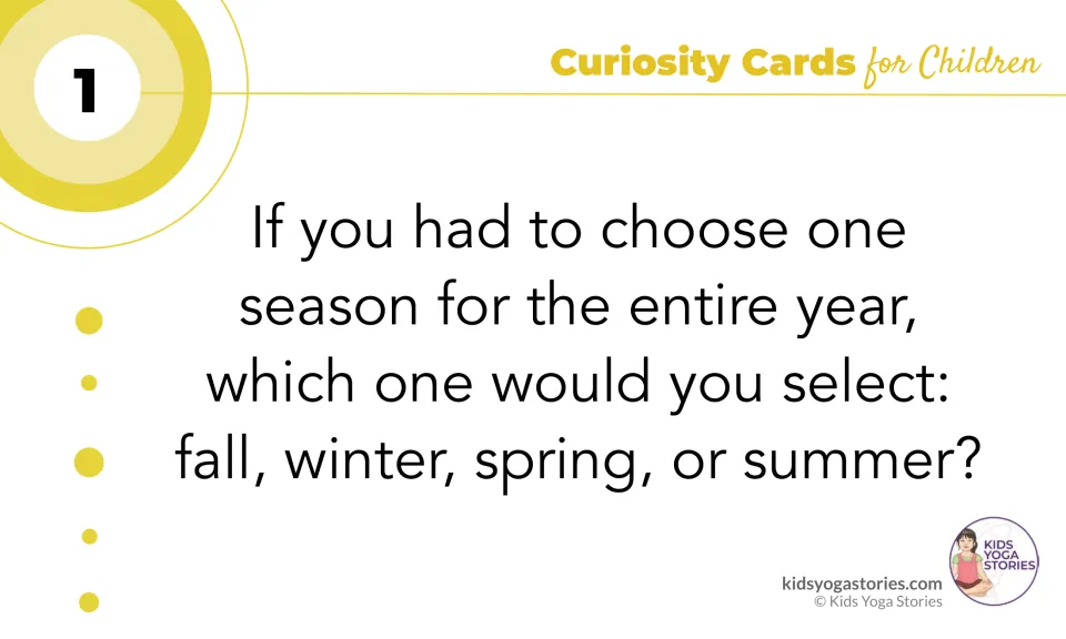 Question card 1 asks children which one season they would choose for the whole year: fall, winter, spring or summer
