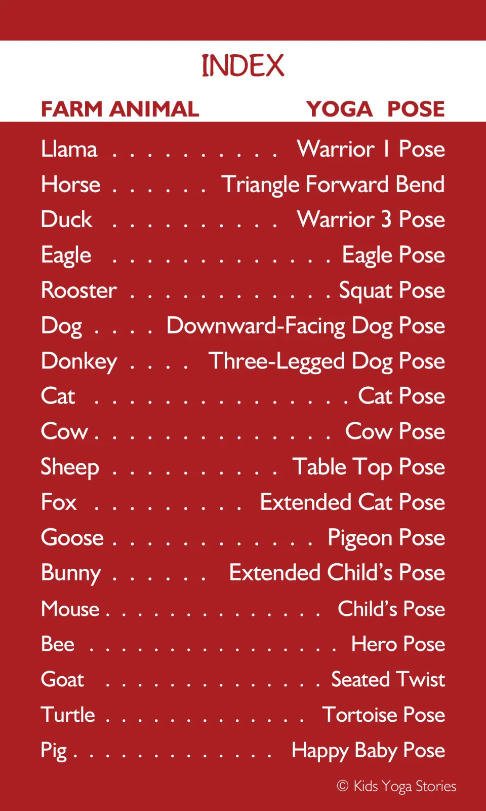 Yoga card index matching 18 animals to poses, including llama to Warrior I and rooster to Squat Pose