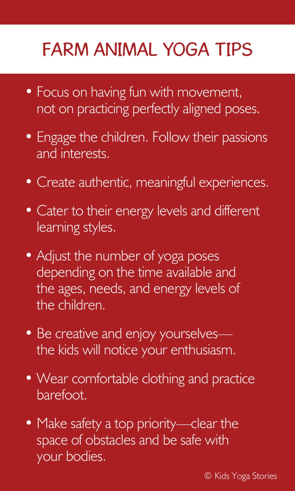 Farm animal yoga tips covering playful movement, children's interests, pacing, clothing, and safe spaces