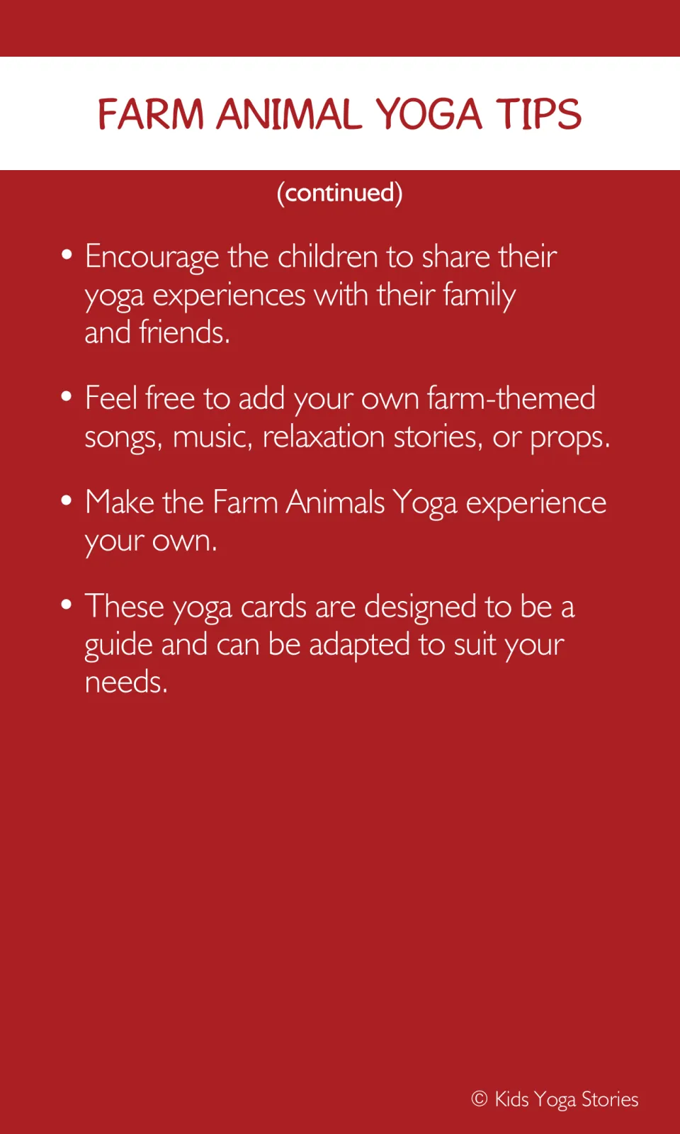 Farm animal yoga tips continued: share experiences, add songs or props, and adapt the cards to your needs