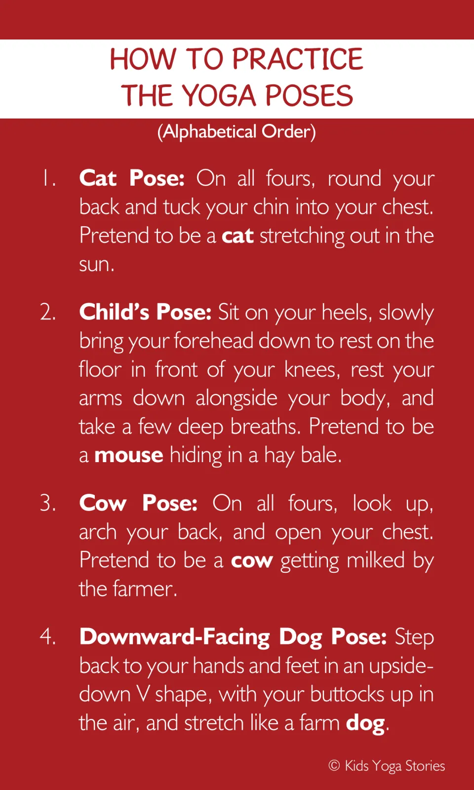 Yoga pose instructions 1–4: Cat, Child's, Cow, and Downward-Facing Dog, paired with animal pretend prompts