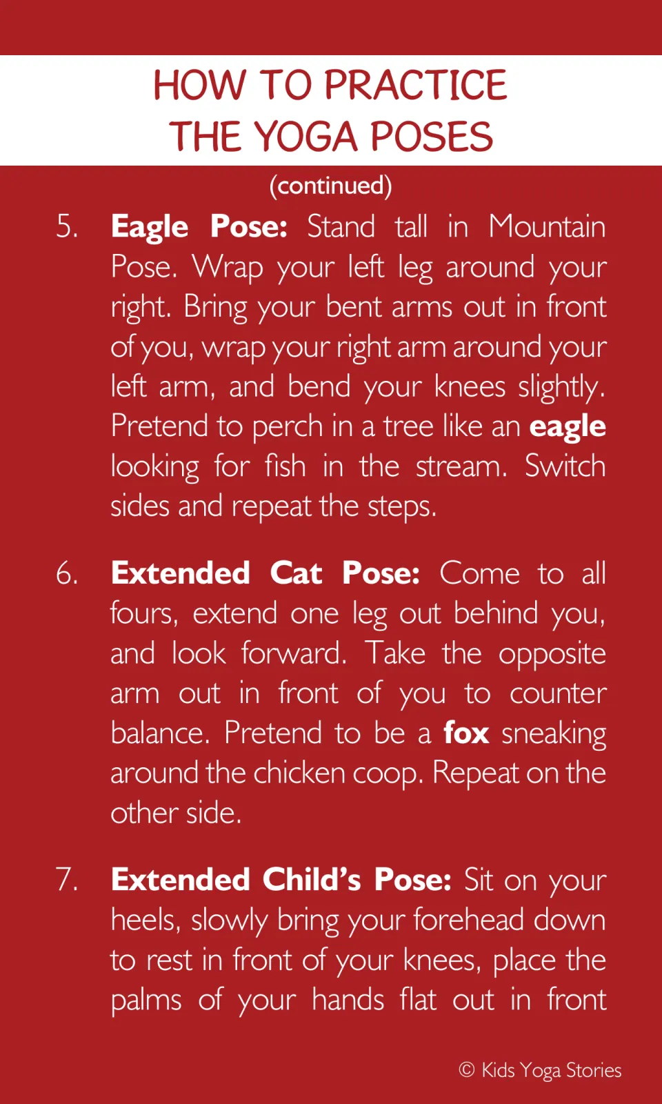 Yoga pose guide covers Eagle and Extended Cat instructions and begins Extended Child's Pose, entries 5–7