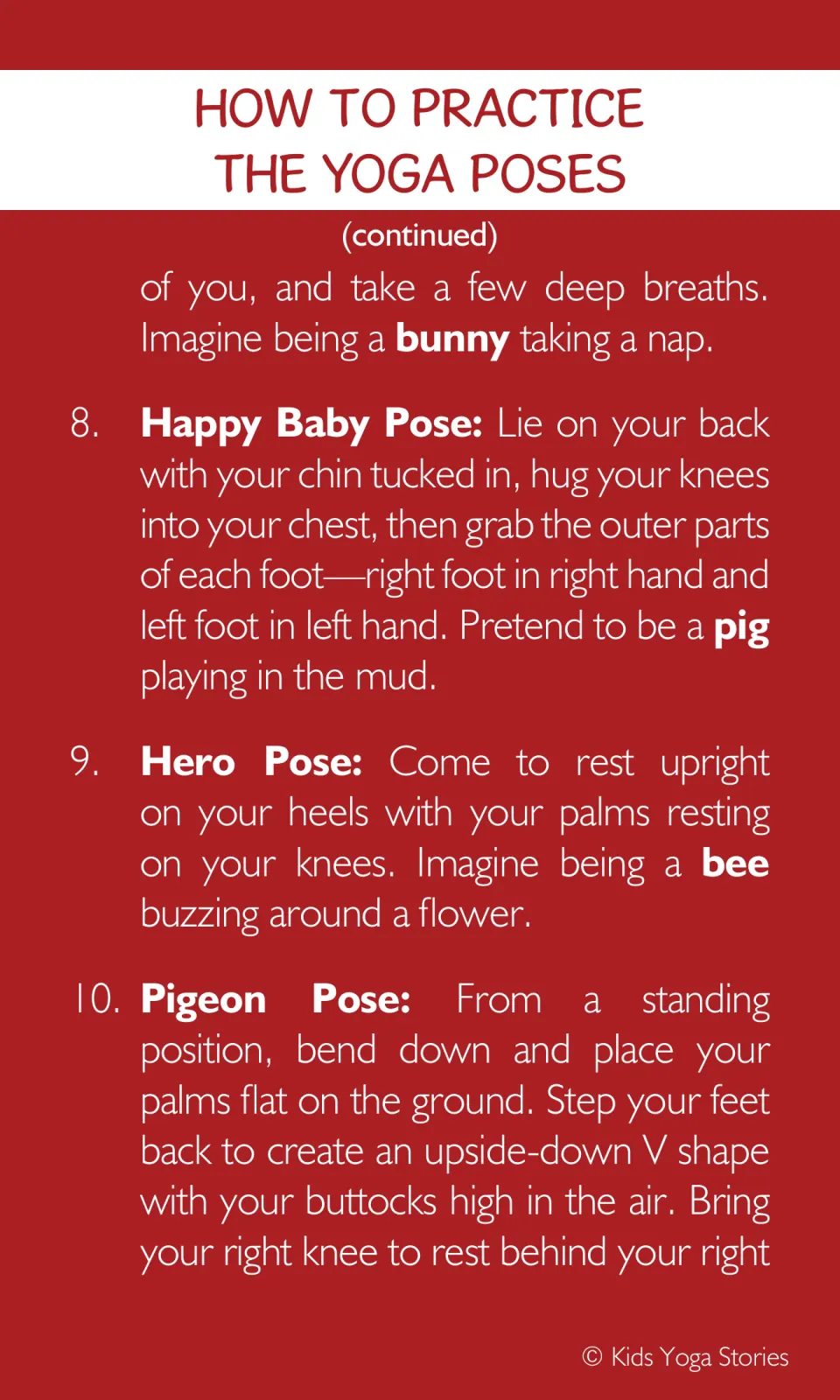 Yoga pose guide finishes the bunny prompt, explains Happy Baby and Hero, and begins Pigeon Pose