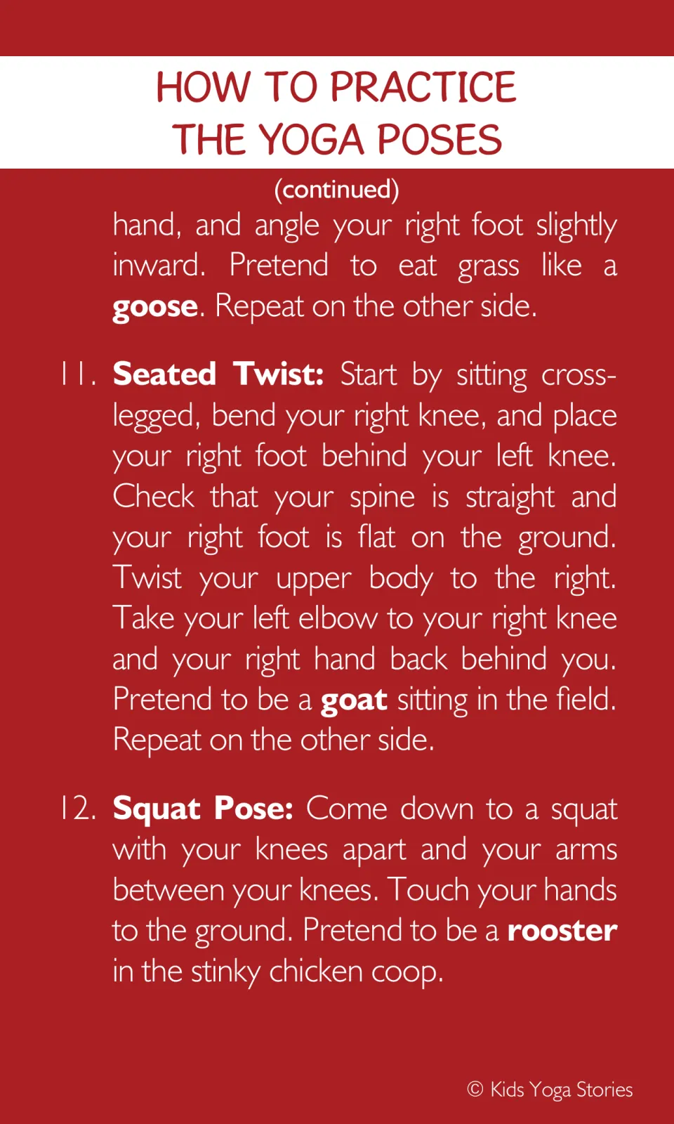 Yoga pose guide finishes Pigeon Pose for a goose, then explains Seated Twist for a goat and Squat for a rooster