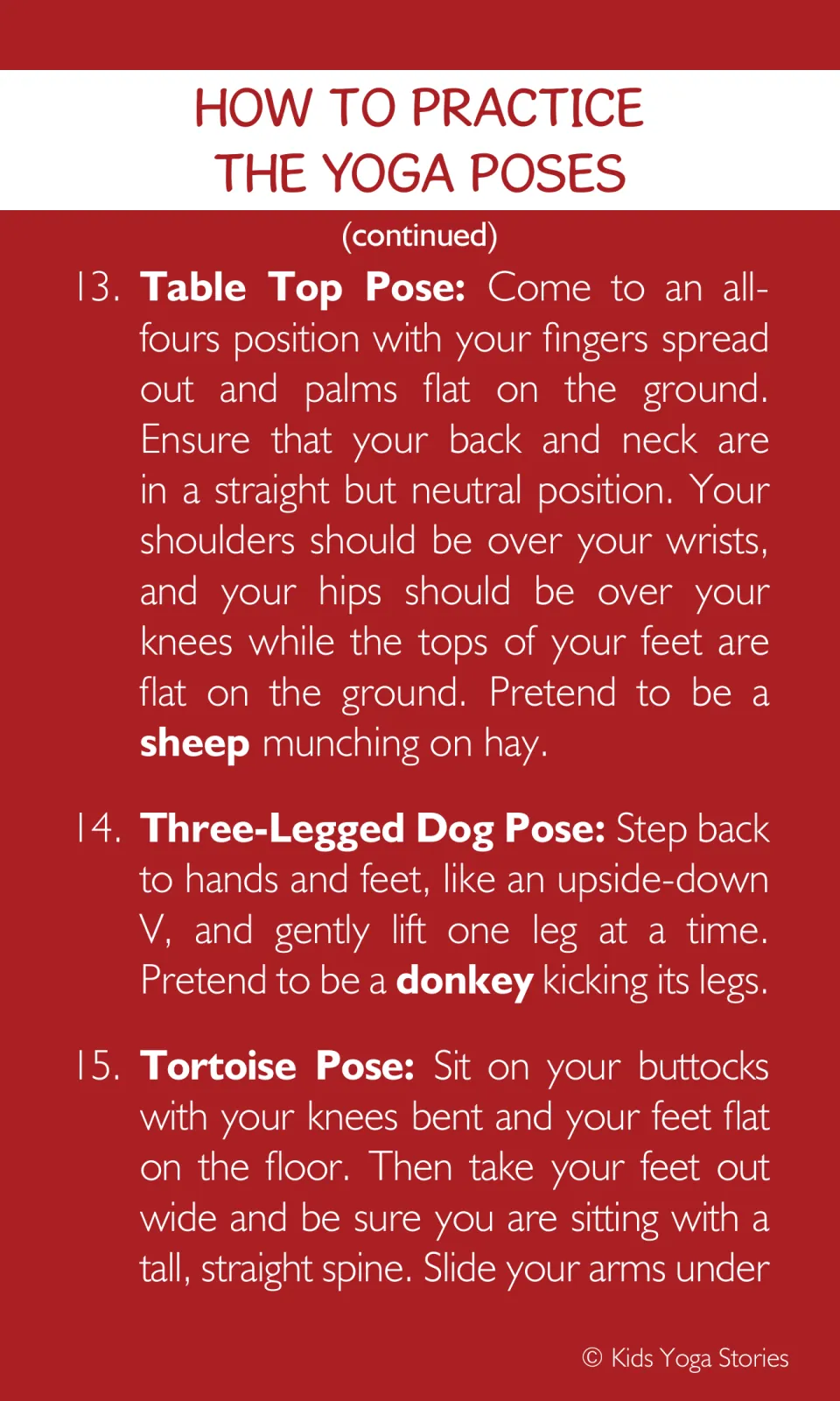 Yoga pose instructions 13–15: Table Top for a sheep, Three-Legged Dog for a donkey, and the start of Tortoise
