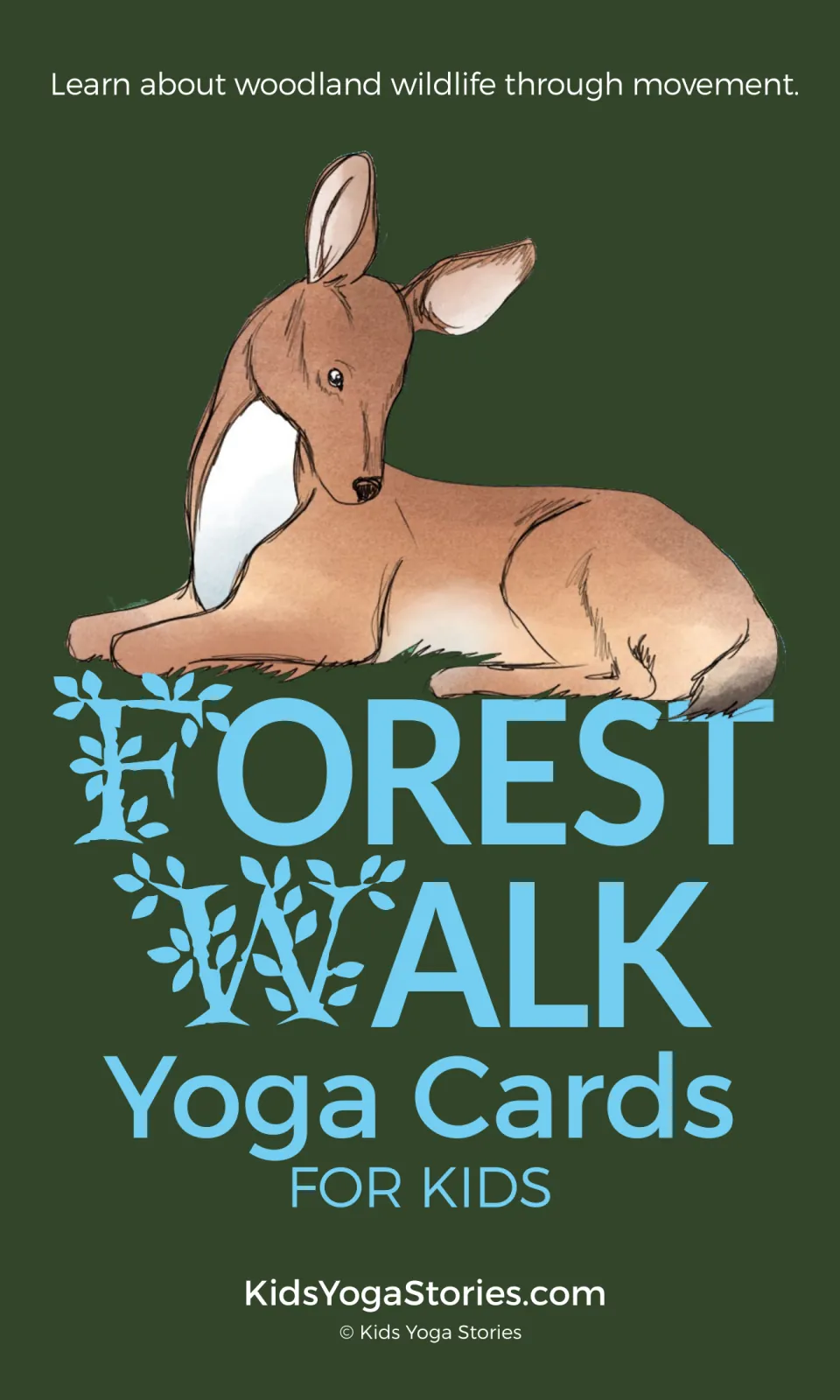 Forest Walk yoga cards cover: a resting deer above the title and the line Learn about woodland wildlife through movement