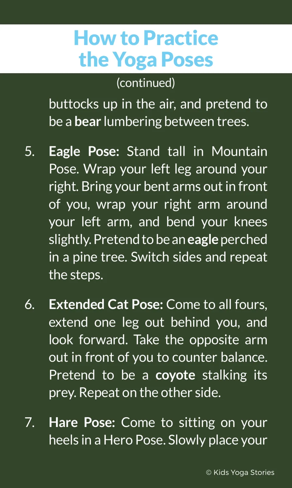 Pose steps 4 to 7: Downward Dog as a bear, Eagle perched in a pine tree, Extended Cat as a stalking coyote, then Hare