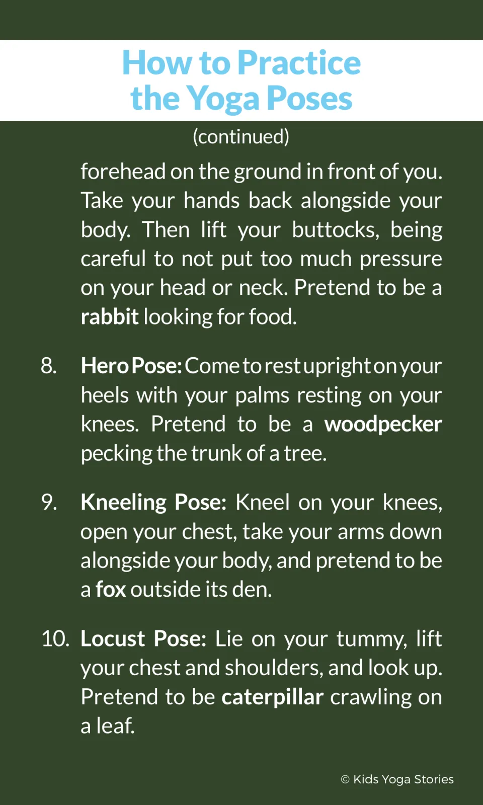 Pose steps 7 to 10: Hare Pose as a rabbit, Hero Pose as a woodpecker, Kneeling Pose as a fox, Locust Pose as a caterpillar