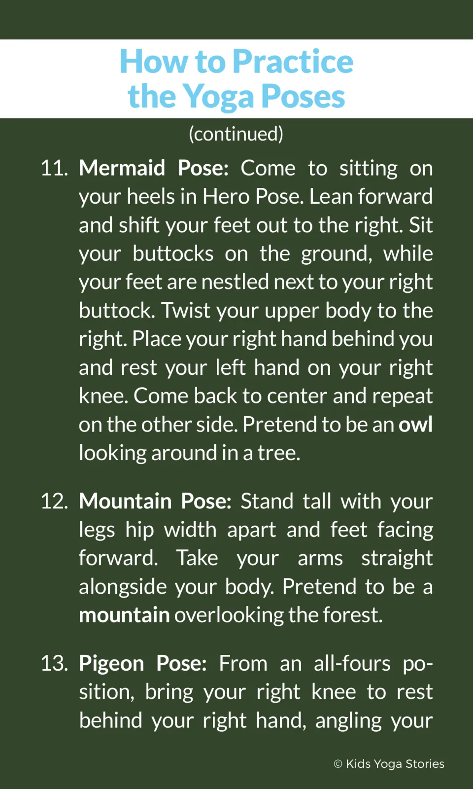 Pose steps 11 to 13: Mermaid twisting like an owl in a tree, Mountain standing tall over the forest, then Pigeon