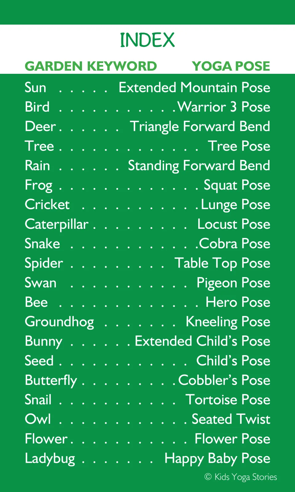 Index pairing 20 garden keywords with yoga poses, including sun, bird, deer, tree, rain, and frog