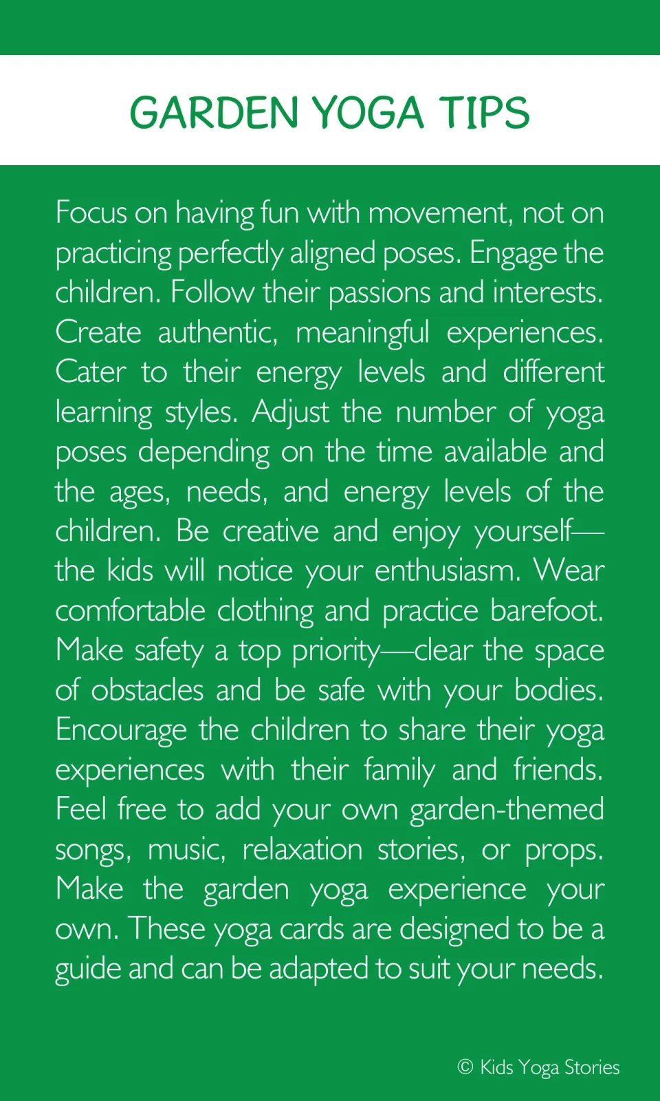 Garden yoga teaching tips on playful movement, adapting poses to children's needs, and clearing the space