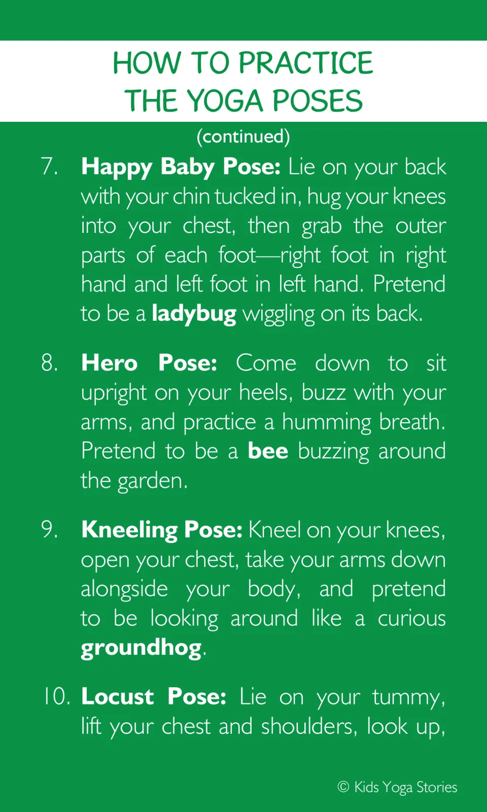 Yoga instructions 7–10 pair Happy Baby, Hero, Kneeling, and Locust poses with garden creatures