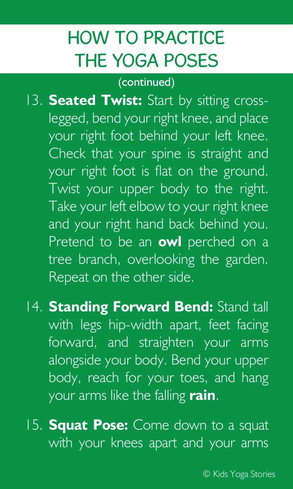 Yoga instructions 13–15 teach Seated Twist as an owl and Standing Forward Bend as rain, then start Squat Pose