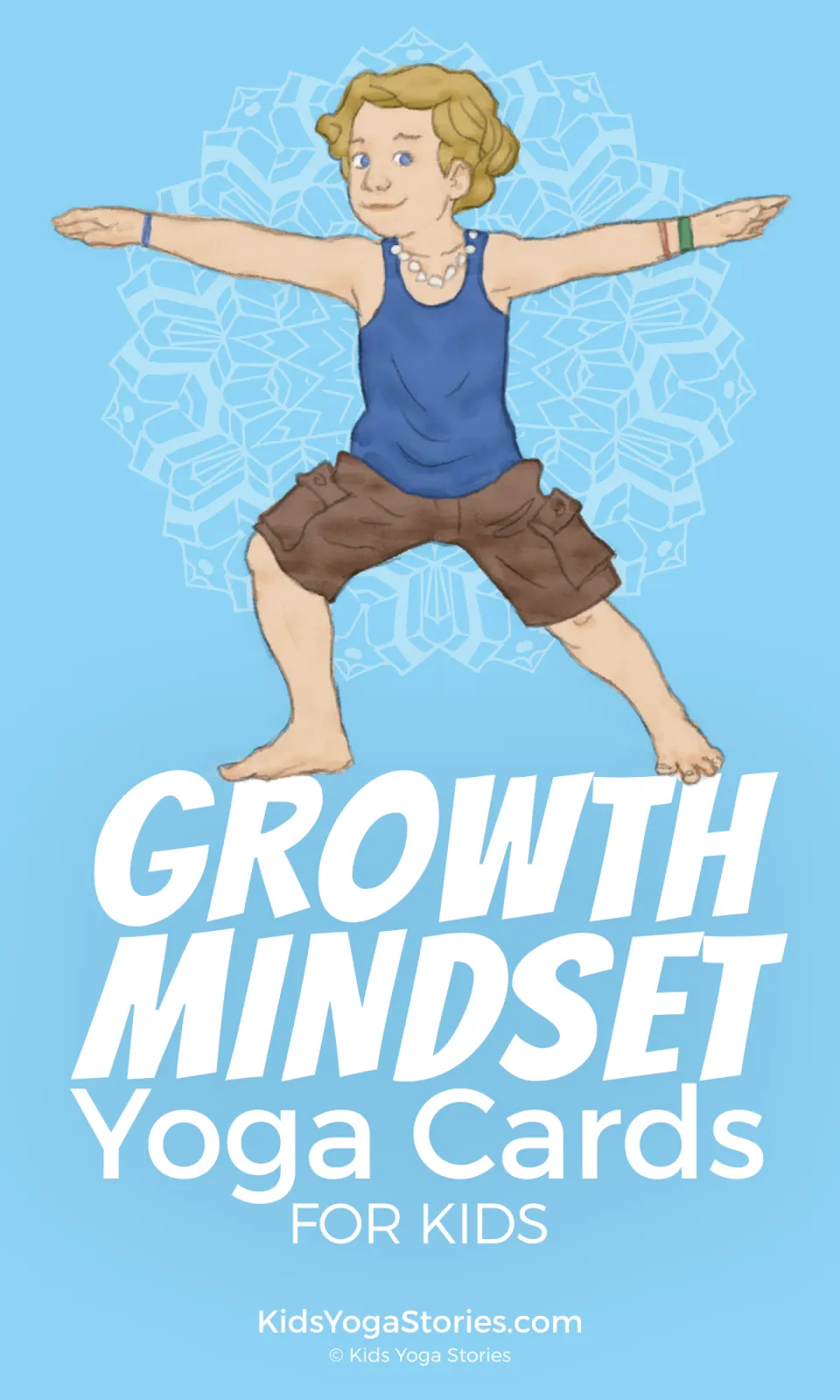 Cover of Growth Mindset Yoga Cards for Kids: an illustrated child standing with knees bent and arms stretched wide