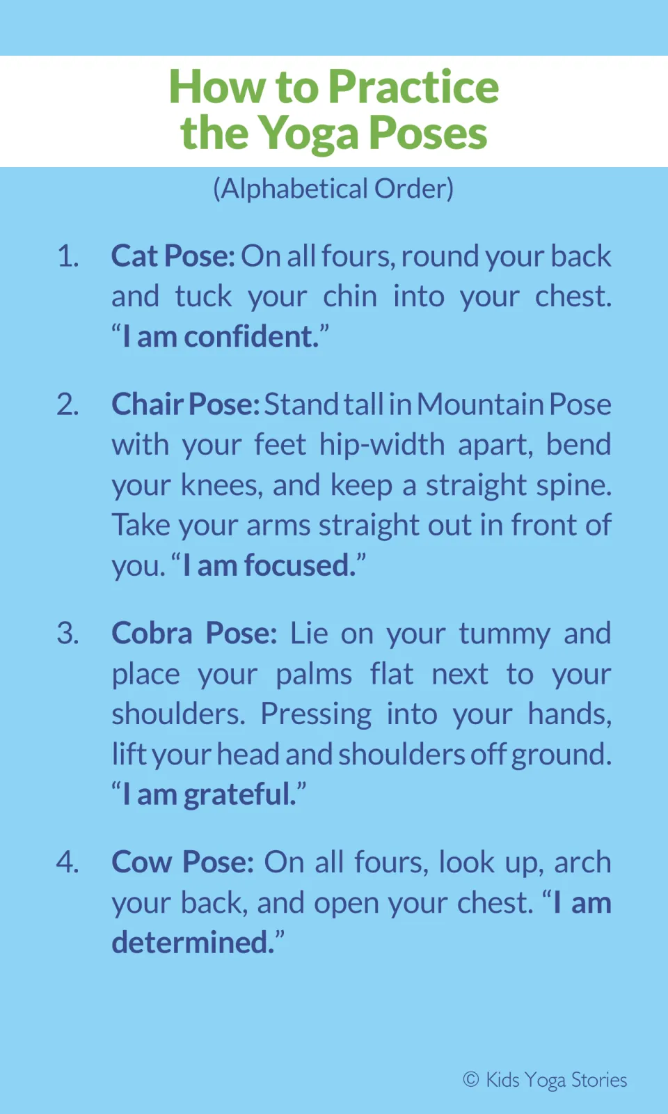 Pose instructions 1-4 in alphabetical order: Cat, Chair, Cobra and Cow Pose, each with steps and an 'I am' mantra to say