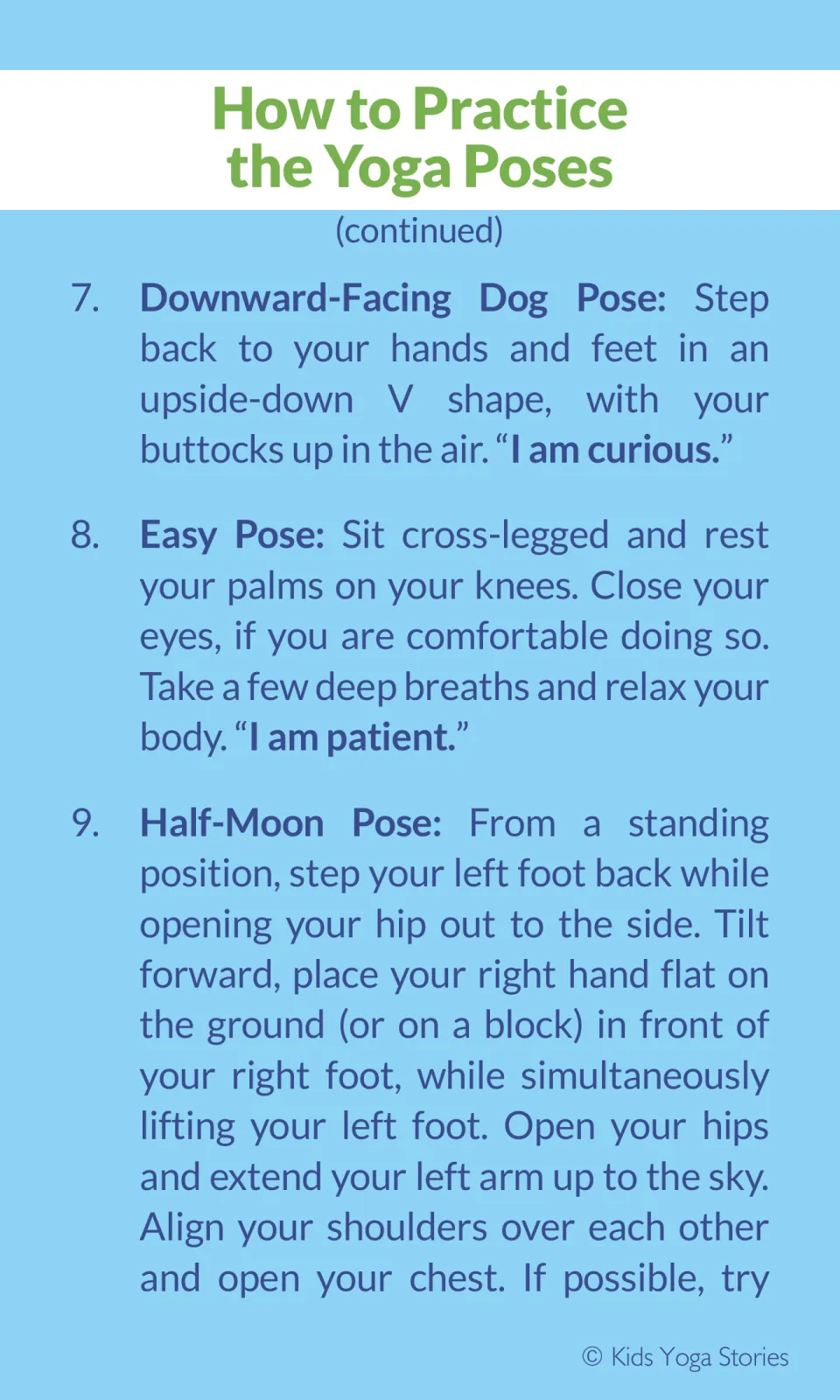 Pose instructions 7-9: Downward-Facing Dog ('I am curious'), Easy Pose ('I am patient') and the start of Half-Moon Pose
