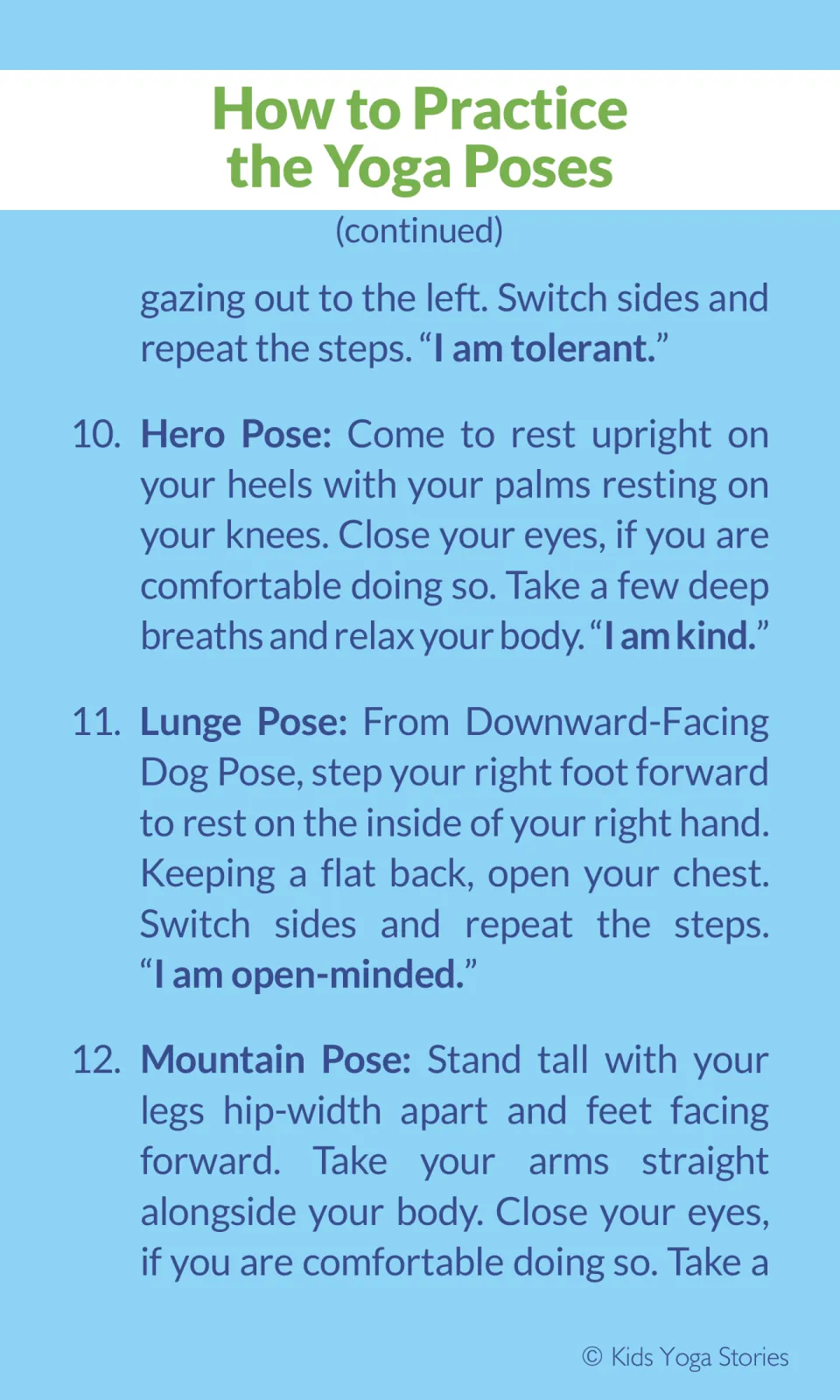 Pose instructions 10-12: end of Half-Moon ('I am tolerant'), Hero Pose ('I am kind'), Lunge Pose and start of Mountain Pose