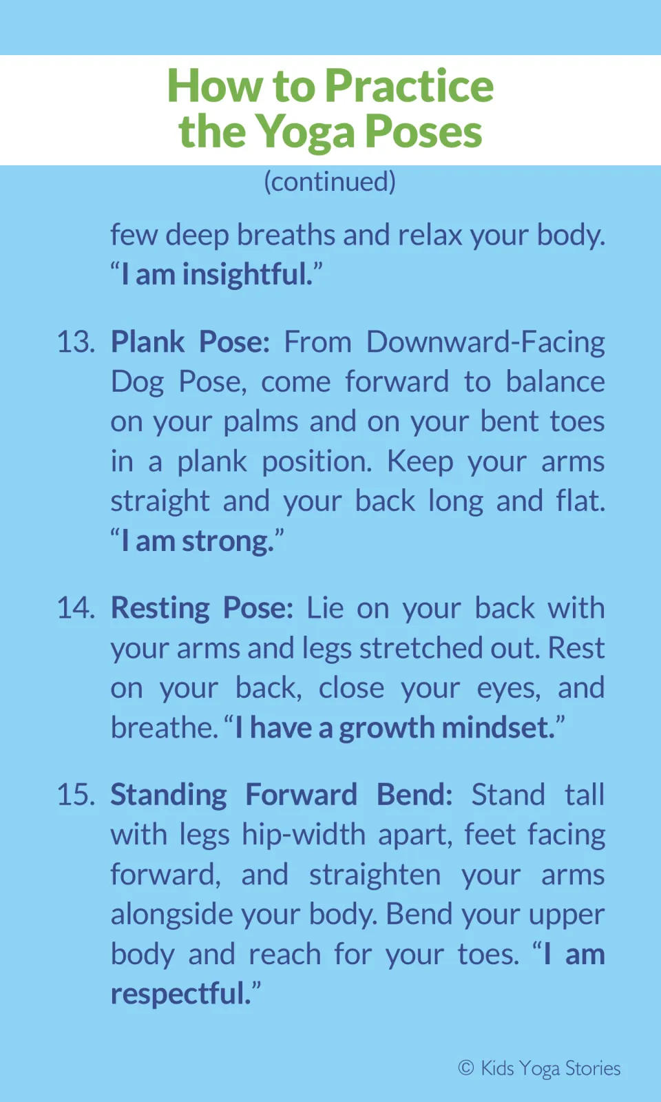 Pose instructions 13-15: Plank ('I am strong'), Resting Pose ('I have a growth mindset') and Standing Forward Bend