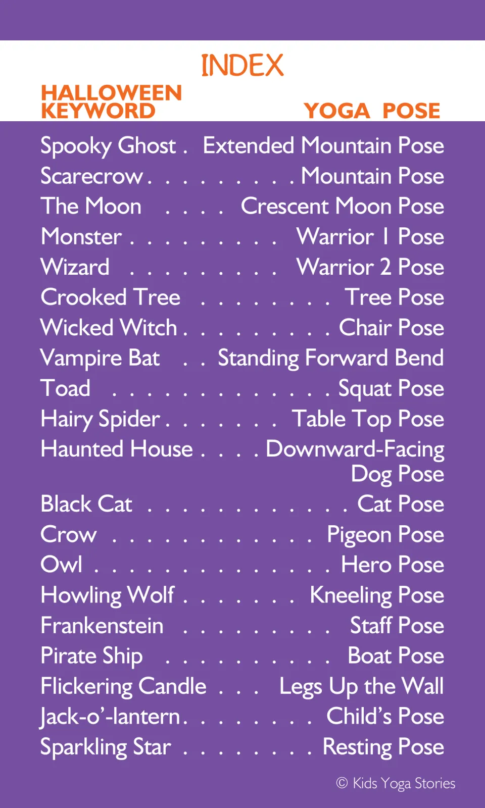 Index matching 20 Halloween keywords to yoga poses, including Spooky Ghost, Scarecrow, and The Moon