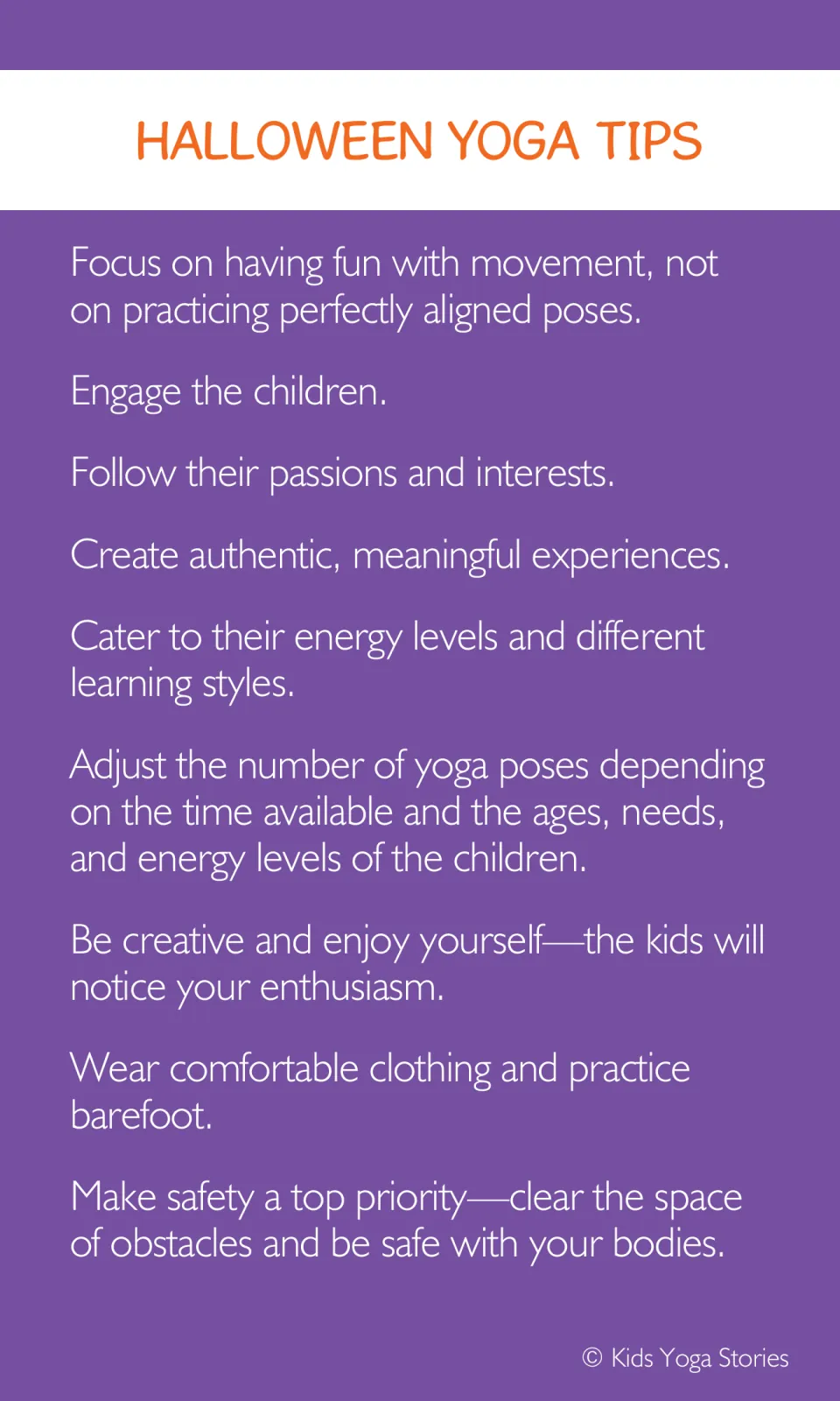 Halloween yoga teaching tips on playful movement, children's interests, adapting sessions, and safety